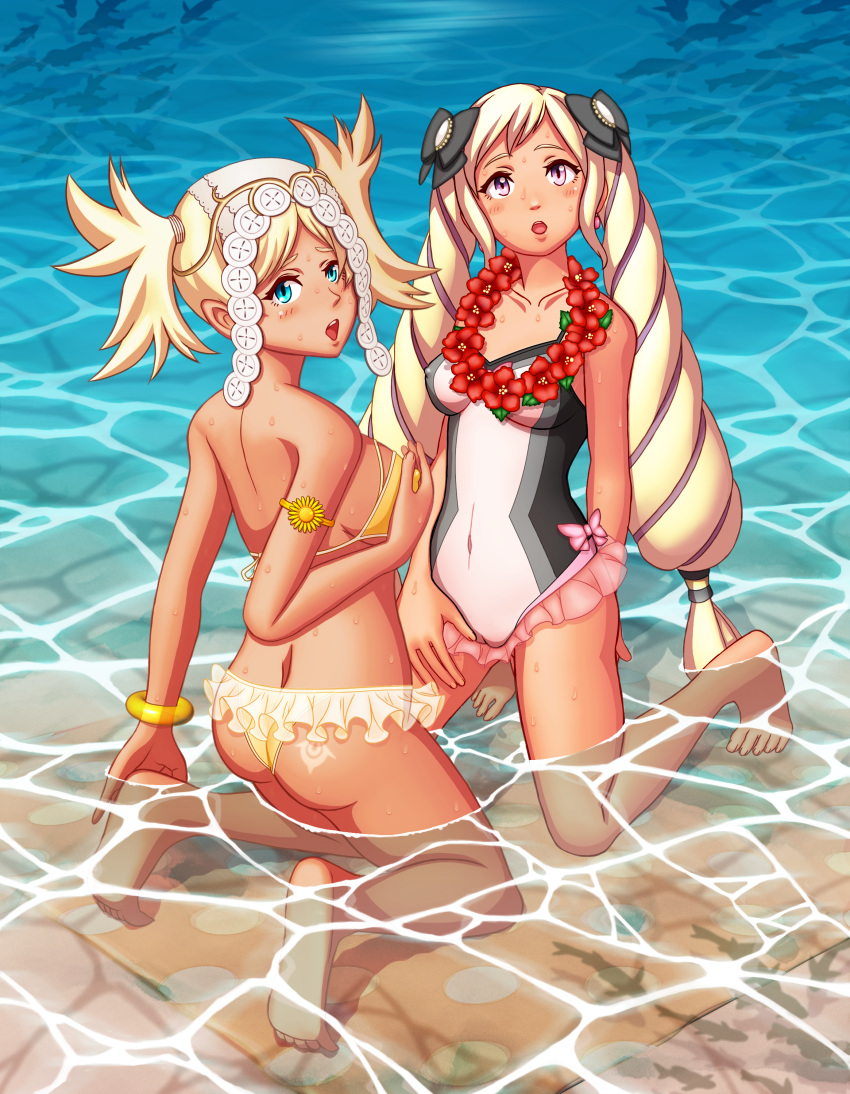 2girls alternate_costume ass back_view barefoot beach bikini blonde_hair breasts butt_crack covered_navel elise_(fire_emblem) elise_(summer)_(fire_emblem) female female_only fire_emblem fire_emblem_awakening fire_emblem_fates fire_emblem_heroes frilled_bikini imo_karubi lei lissa_(fire_emblem) long_hair looking_at_viewer looking_back nintendo ocean one-piece_swimsuit swimsuit tan tanned twintails wading water wet wet_body white_swimsuit yellow_bikini yellow_swimsuit