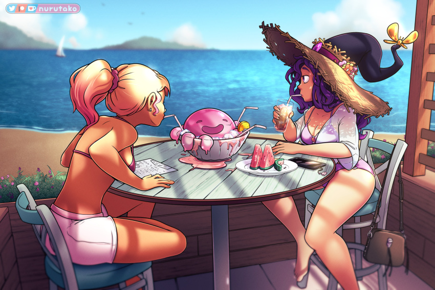 2girls aimee_(nurutako) ass beach bikini blonde_hair blurry_background breasts cleavage clothing drinking_straw female hat headwear high_resolution multiple_girls nurutako original original_character purple_eyes purple_hair rose_(nurutako) shorts sideboob sitting slime summer sun_hat swimsuit witch witch_hat