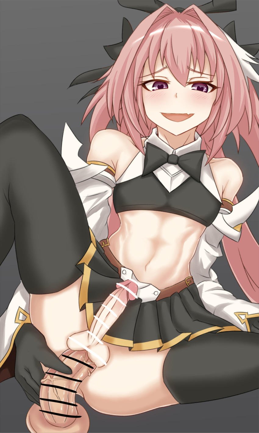 1boy alternate_version_available anal_insertion armwear astolfo_(fate) bare_shoulders black_armwear black_gloves black_legwear black_skirt blush bow canon_crossdressing censor_bar censored clothed clothed_male covered_nipples dildo dildo_in_ass dildo_insertion erect_penis erection eyebrows eyebrows_visible_through_hair eyelashes fate_(series) femboy girly gloves grey_background heart-shaped_pupils legwear male male_focus male_only midriff pink_hair purple_eyes short_skirt simple_background skirt solo solo_focus solo_male spread_legs susa trap