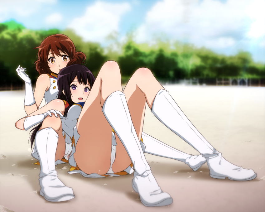 2girls 5:4_aspect_ratio band_uniform black_hair boots brown_hair cameltoe female gloves hibike!_euphonium knee_boots kousaka_reina legs lingerie long_hair long_legs multiple_girls no_hat no_headwear oumae_kumiko panchira panchira_(sitting) pantsu purple_eyes sbel02 sitting tagme underwear upskirt white_boots white_footwear white_gloves white_panties white_underwear yellow_eyes