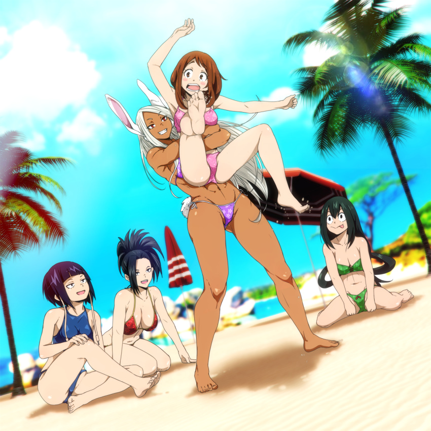 1:1_aspect_ratio 5girls abs animal_ears barefoot beach bikini black_hair blush blush_stickers breasts brown_hair bunny_ears bunny_tail cleavage dark-skinned_female dark_skin feet female female_only green_hair grin high_resolution human japanese kyoka_jiro large_breasts lifting_person long_hair looking_at_another medium_breasts miruko momo_yaoyorozu multiple_girls my_hero_academia ocean ochako_uraraka open_mouth outdoors palm_tree ponytail purple_hair red_eyes rumi_usagiyama sand sbel02 short_hair sitting smile soles standing swimsuit tagme tail tanned tied_hair toenails toes tongue tongue_out tree tsuyu_asui umbrella water white_hair yuri