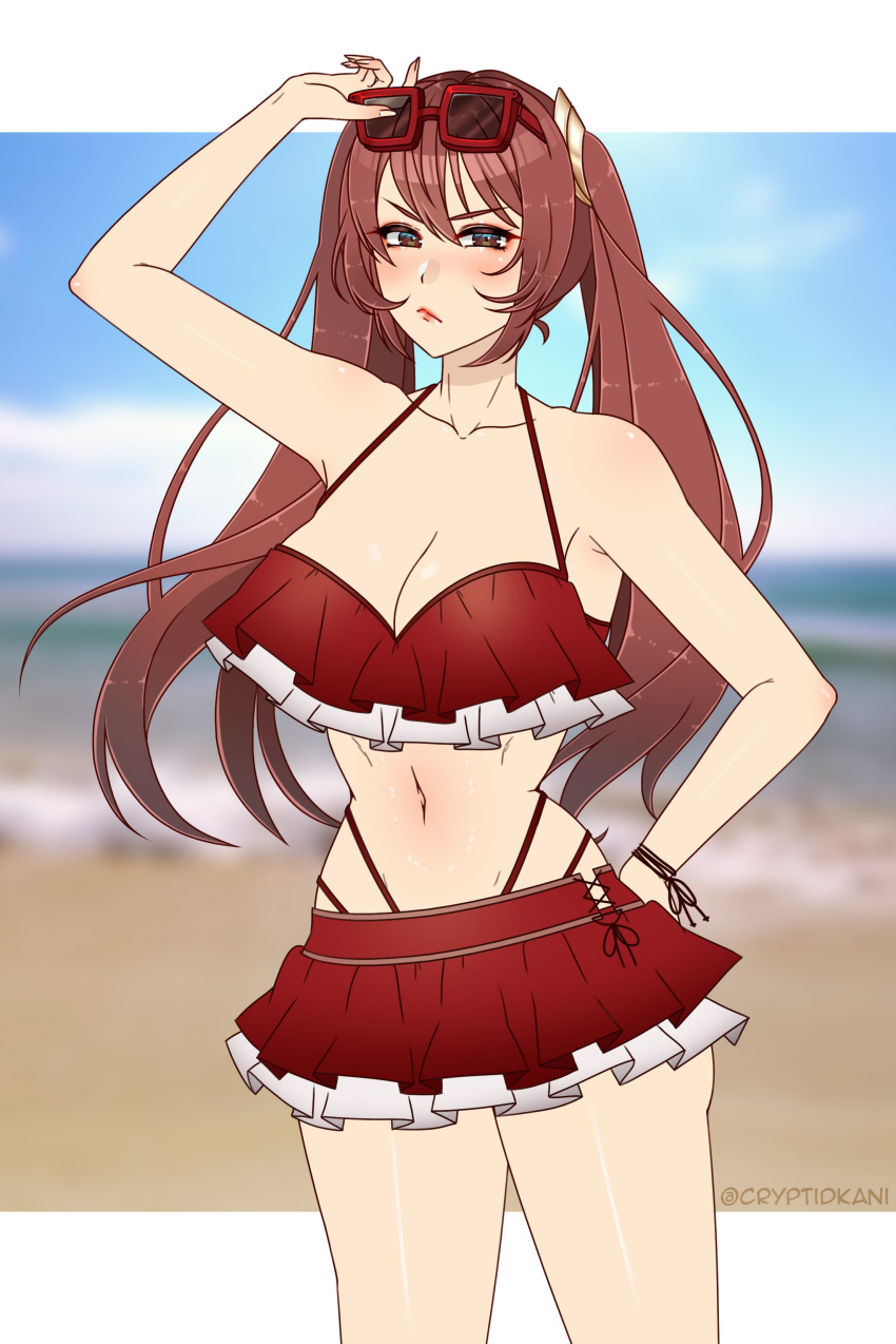 1girls alternate_breast_size alternate_costume armpits bare_thighs beach big_breasts bikini bikini_skirt breasts brown_eyes cleavage commission cordelia_(fire_emblem)_(cosplay) cosplay cryptid_crab eyewear_on_head fire_emblem fire_emblem_awakening fire_emblem_heroes frilled_skirt frills frown highleg highleg_bikini large_breasts long_hair looking_at_viewer multi-strapped_bikini nintendo ocean red_bikini red_eyes red_hair red_swimsuit sand seaside severa_(fire_emblem) solo sunglasses swimsuit twintails water