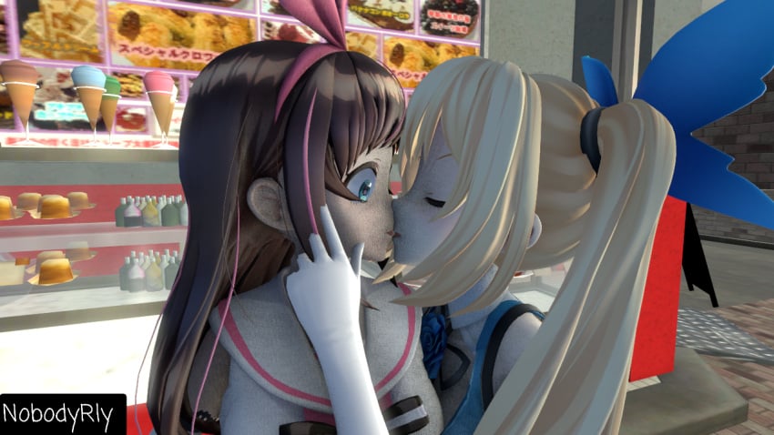 2girls 3d kissing kizuna_ai kizuna_ai_inc. mirai_akari mirai_akari_project nobodyrly_(artist) sfm virtual_youtuber yuri