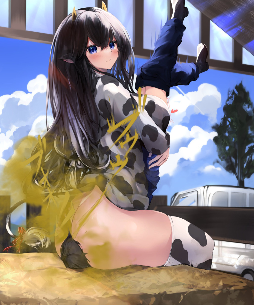 1boy 1girls animal_ears ass black_hair blue_eyes blush cow_print facesitting fart fart_cloud fart_fetish farting farting_in_face horns looking_at_viewer looking_back smile thick_thighs thighhighs tsuchiro