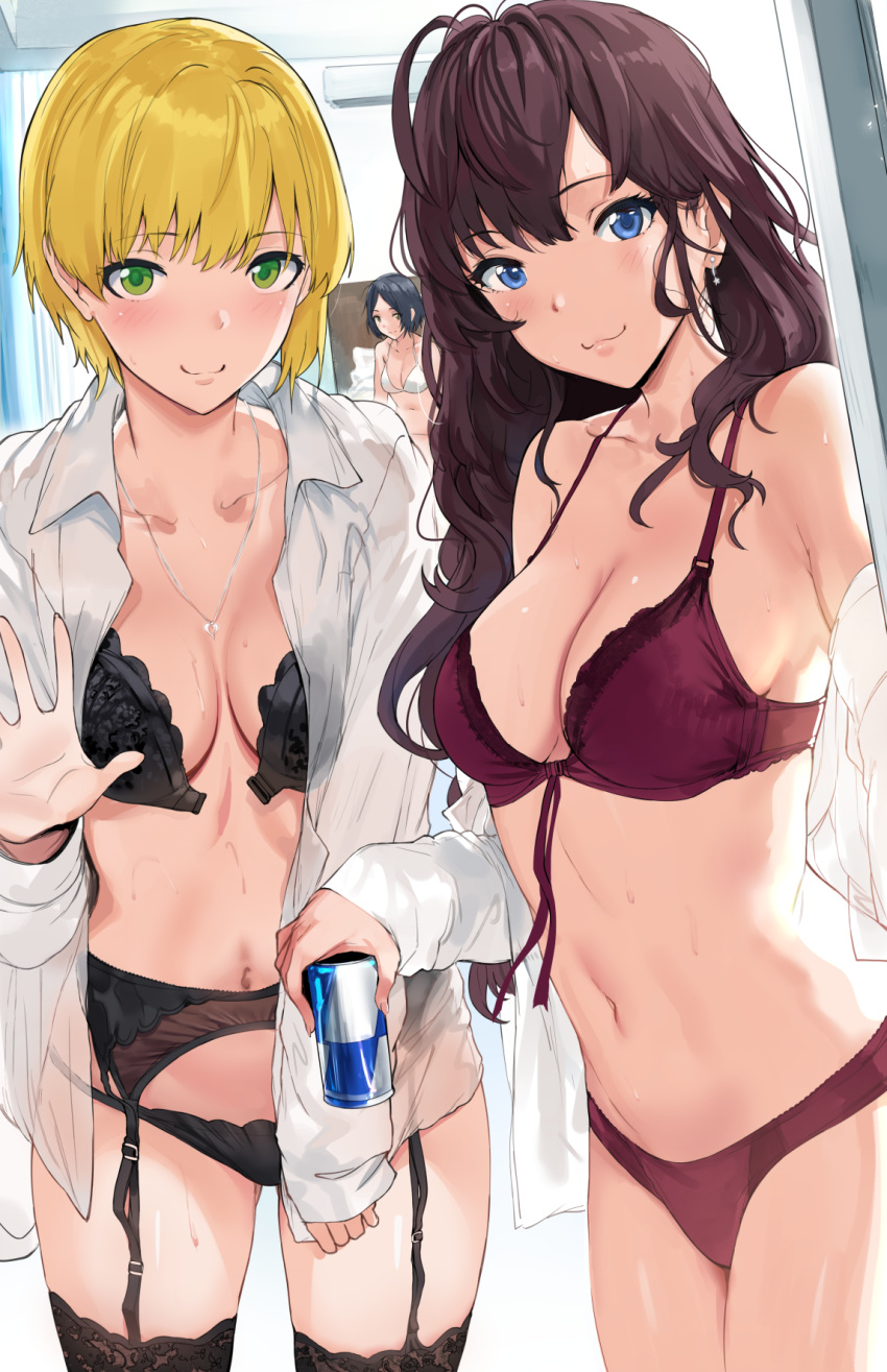 2:3_ratio 3girls ahoge air_conditioner asymmetrical_hair bangs bed black_bra black_hair black_legwear black_lingerie black_panties black_underwear blonde_hair blonde_hair_female blue_eyes blue_eyes_female blush bra breasts brown_hair brown_hair_female can canned_drink clavicle cleavage closed_mouth collared_shirt dress_shirt earrings female garter_belt garter_straps green_eyes group hayami_kanade hews_hack high_resolution ichinose_shiki idolmaster idolmaster_cinderella_girls jewelry large_breasts lingerie long_brown_hair long_hair long_hair_female long_sleeves looking_at_viewer midriff miyamoto_frederica multiple_girls navel necklace off_shoulder open_clothes open_shirt pantsu parted_bangs piercing purple_bra purple_lingerie purple_panties purple_underwear see-through shirt short_black_hair short_blonde_hair short_hair single_earring smile stockings strap sweat sweatdrop thighhighs thighs trio underwear wavy_hair white_bra white_lingerie white_shirt white_underwear yellow_eyes yellow_eyes_female