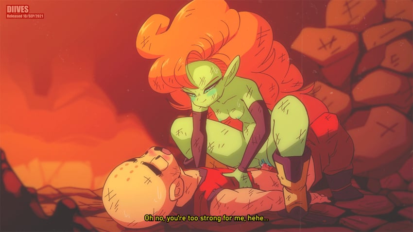 1boy 1girls alien animated bald blush breasts cowgirl_position diives dragon_ball dragon_ball_z english_text female_on_top femdom green_eyes green_skin hands_on_body krillin kuririn long_hair nipples nude nude_female orange_hair pants_down penis pointy_ears race_of_hera ripped_clothing sex shounen_jump skinny small_breasts smile spread_legs vagina vaginal_penetration vaginal_sex wounded zangya