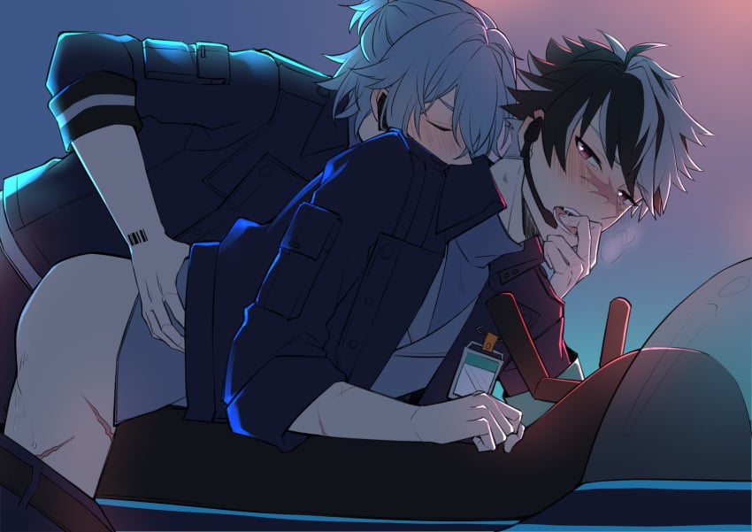 2boys anal anal_sex ass black_hair blue_hair blush bradley_bain clothed_sex fingers_in_mouth gay gray_hair hikapika_gue mahoyaku multicolored_hair nero_turner promise_of_wizard scars thighs thrusting thrusting_into_ass white_hair