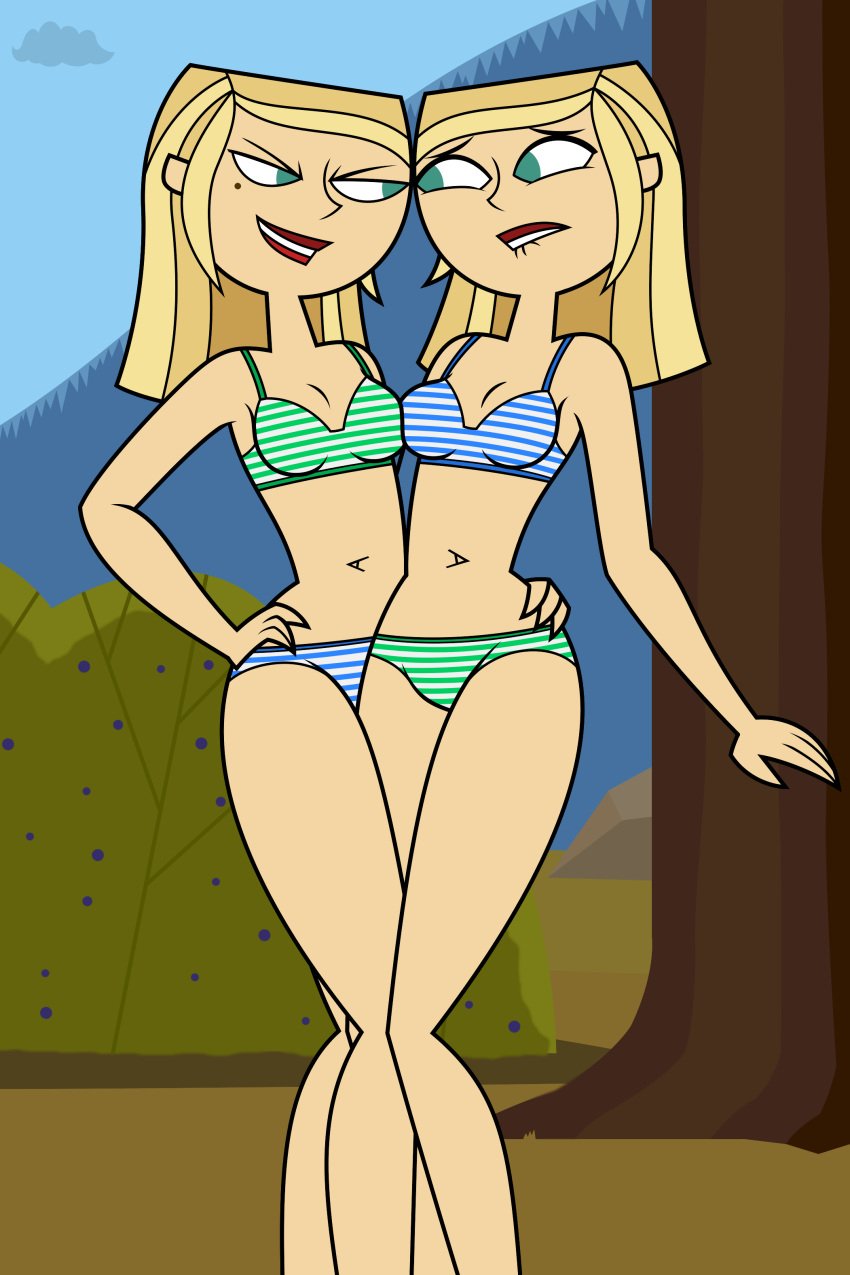 2girls amy_(tdi) bikini biting_lip blonde_hair duo female female_only green_eyes incest lips lipstick makeup mole_under_eye navel outdoors samey_(tdi) siblings sisters tjlive5 total_drama:_pahkitew_island total_drama_island twincest twins yuri