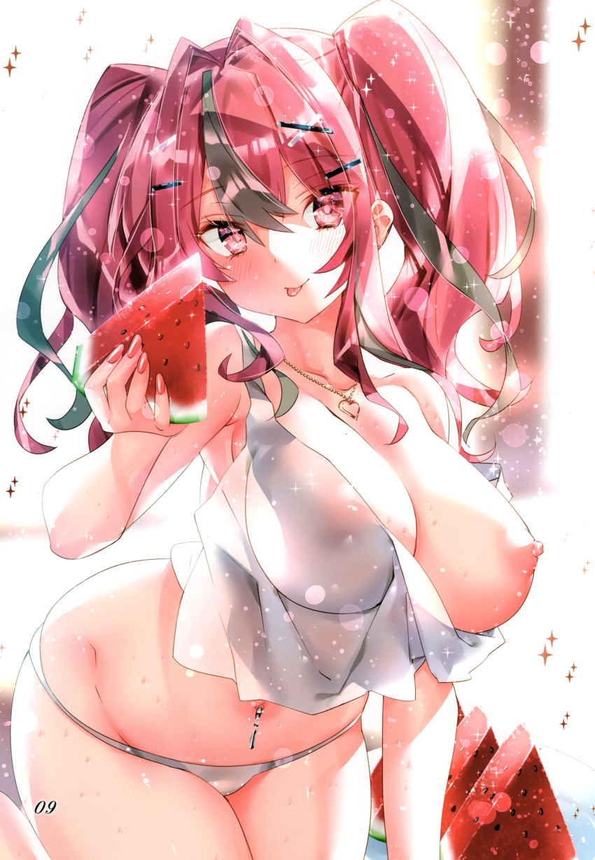 absurdres areolae azur_lane bangs bare_shoulders bikini blurry blurry_background blush breasts bremerton_(azur_lane) collarbone covered_nipples doujinshi female fingernails food fruit gradient gradient_hair hair_ornament highres holding holding_food jewelry kamiya_maneki large_breasts looking_at_viewer multicolored_hair navel_piercing necklace nipples page_9 page_number piercing pink_hair purple_eyes scan see-through shiny shiny_hair shiny_skin simple_background sleeveless smile solo sparkle swimsuit thighs tied_hair tongue tongue_out twintails watermelon x_hair_ornament