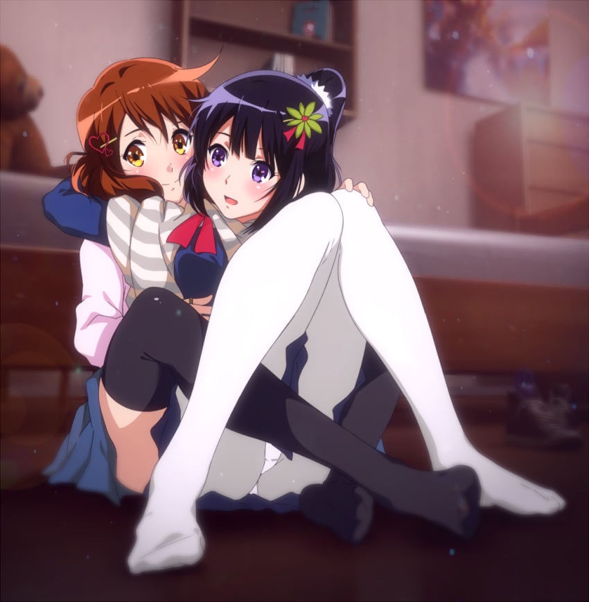 2girls black_hair black_legwear black_thighhighs blurry blush brown_eyes brown_hair depth_of_field embracing feet female flower hair_flower hair_ornament hibike!_euphonium hug hugged_from_behind kousaka_reina long_hair multiple_girls no_shoes oumae_kumiko panchira panties_under_pantyhose pantsu pantyhose ponytail purple_eyes sbel02 short_hair smile thighhighs tied_hair underwear white_legwear white_panties white_pantyhose white_underwear yuri