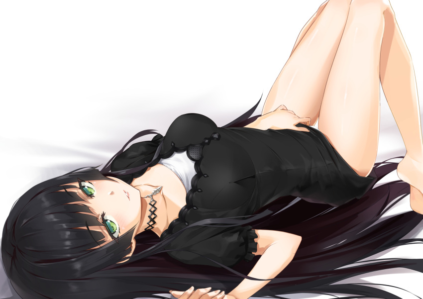 bangs barefoot bishoujo_mangekyou bitterpain black_dress black_hair blush clavicle clothes_pull dress dress_lift dress_pull eyebrows_visible_through_hair feet female green_eyes high_resolution jewelry long_hair looking_at_viewer lying necklace on_back open_mouth pantsu parted_lips renge_(bishoujo_mangekyou) shiny shiny_hair short_dress simple_background skirt skirt_lift skirt_pull soles solo straight_hair tagme thigh_gap underwear very_long_hair white_background white_panties white_underwear