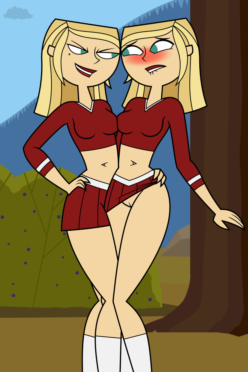 2girls amy_(tdi) beauty_mark biting_lip blonde_hair blush cheerleader_uniform duo female female_only green_eyes incest lips lipstick makeup mole_under_eye multiple_girls navel no_panties outdoors pussy samey_(tdi) siblings sisters skirt_lift tjlive5 total_drama:_pahkitew_island total_drama_island twincest twins yuri