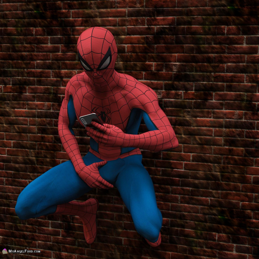 1boy 3d 3d_(artwork) bara bodysuit bulge bulge_grab bulge_through_clothing gay horny male male_focus male_only marvel marvel_comics mask masked masked_male msangelfood peter_parker spandex spider-man spider-man_(series) stimulation stroking stroking_penis touching_penis yaoi