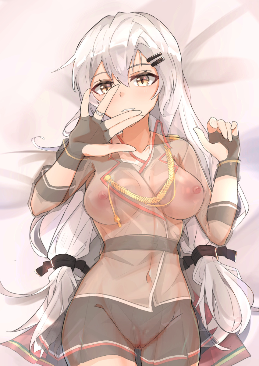 absurdres bangs belt black_belt black_gloves black_skirt breasts brown_jacket collarbone eyebrows_visible_through_hair female fingerless_gloves girls'_frontline gloves grey_eyes grey_hair hair_between_eyes hair_ornament hairclip highres jacket jewelry long_hair looking_away low_twintails lying medium_breasts muteppona_hito navel nipples on_back pleated_skirt pussy ring shirt silver_hair skirt smile solo svd_(girls_frontline) twintails wedding_band white_shirt