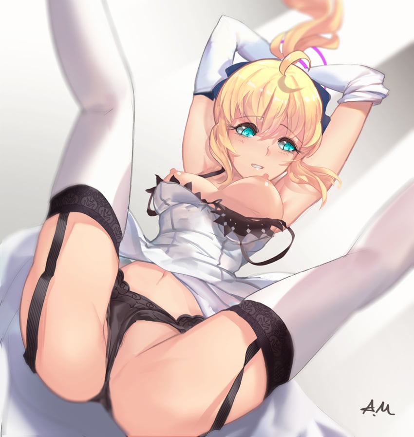 ahoge artoria_pendragon artoria_pendragon_(saber) black_bra black_panties black_underwear blonde_hair bondage bra breasts breasts_out_of_clothes clothing dress elbow_gloves fate/stay_night fate/unlimited_blade_works fate_(series) female gagged garter_straps gloves green_eyes high_resolution i.a.m.genesic kuma777 legwear lingerie medium_breasts nipples pantsu ponytail restrained saber solo spread_legs stockings tagme thighhighs tied_hair underwear white_dress white_gloves white_legwear