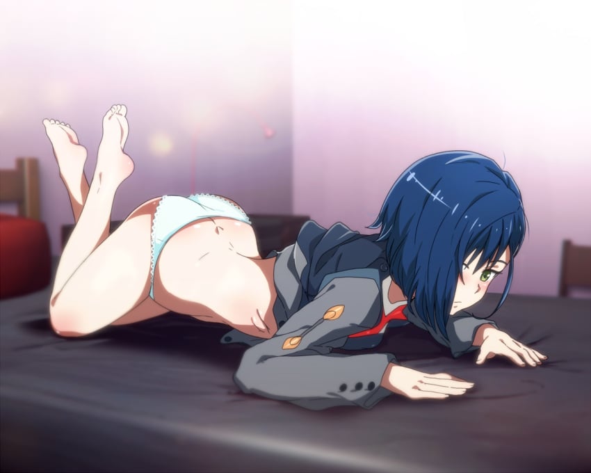 1girls 5:4_aspect_ratio all_fours ass ass_cleavage ass_up bare_legs bare_thighs barefoot bed bedroom bent_over blue_hair blurry blurry_background butt_crack butt_up closed_mouth darling_in_the_franxx depth_of_field expressionless expressionless_face feet female female_only fingers frilled_panties frilled_underwear frills green_eyes hair_ornament hair_over_one_eye hairclip ichigo_(darling_in_the_franxx) legs long_sleeves lying medium_hair military military_uniform necktie no_pants on_bed on_stomach pantsu posterior_cleavage ready_to_fuck sbel02 scar school_uniform soles solo the_pose toes top-down_bottom-up underwear uniform white_panties white_underwear