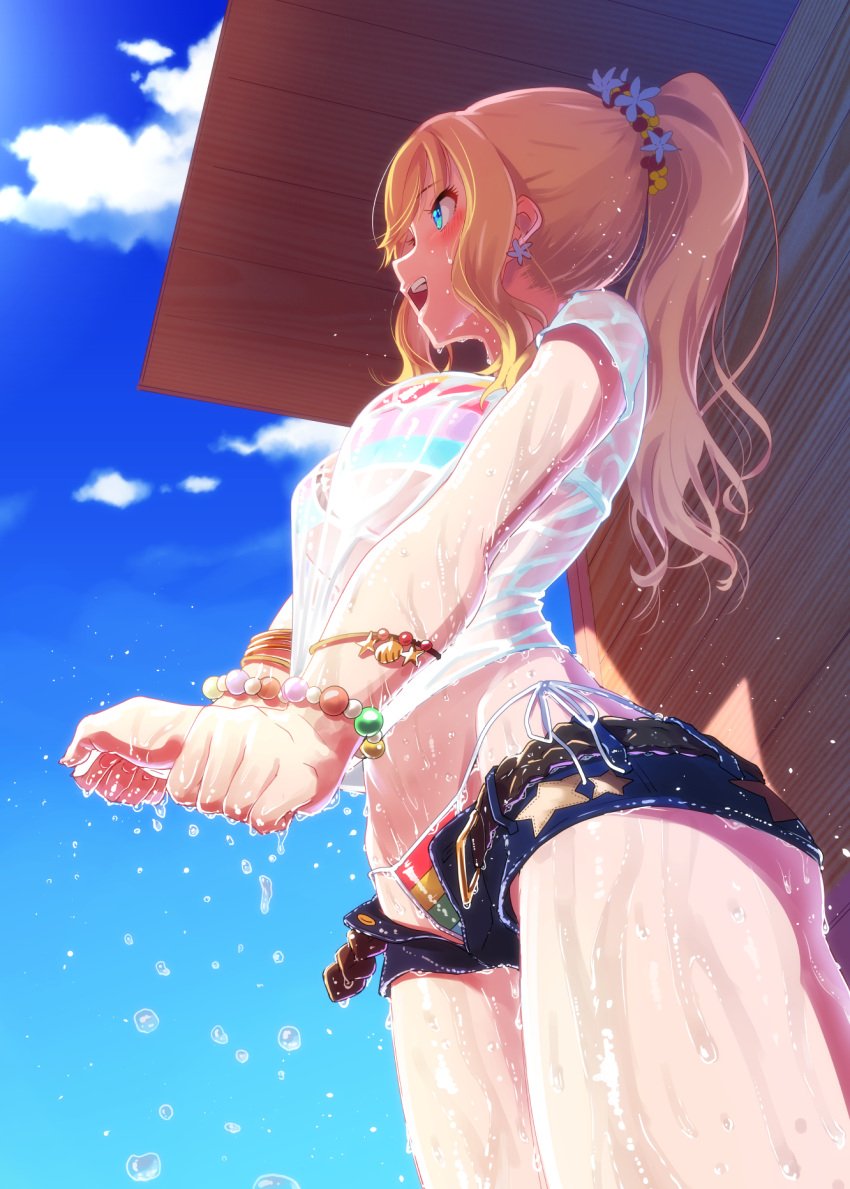 bikini blonde_hair blue_eyes blush bracelet breasts clothed_female clothing cloud colorful day denim denim_shorts drying_clothes female female female_only high_resolution idolmaster idolmaster_cinderella_girls in_profile jeans jewelry large_breasts long_hair looking_away maru_(sara_duke) midriff multicolored_bikini ootsuki_yui open_mouth ponytail rainbow see-through shadow short_shorts shorts side-tie_bikini smile solo standing striped striped_bikini striped_swimsuit swimsuit swimsuit_under_clothes tagme thighs tied_hair transparent unbuttoned water wet wet_clothes wringing_clothes