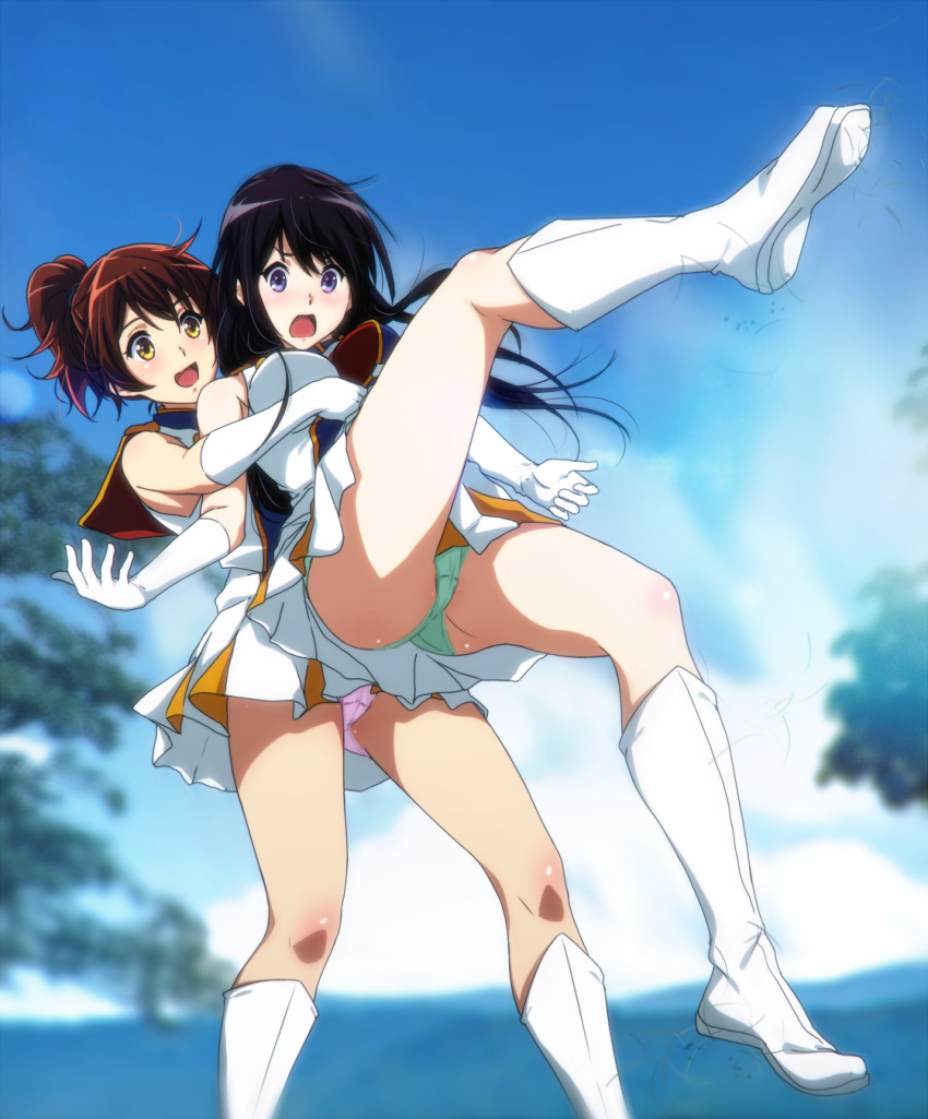 2girls :d archway_of_venus ass band_uniform bangs black_hair blue_sky blurry blurry_background blush body_blush boots breast_hold breasts brown_hair cameltoe clothes_pull day depth_of_field dress elbow_gloves embarrassed embracing female foreshortening frilled_panties frilled_underwear frills full_body gloves gluteal_fold green_panties green_underwear hibike!_euphonium high_resolution hug hugged_from_behind knee_boots kousaka_reina leaning_back leg_up legs_up lifting lifting_person long_hair looking_down medium_breasts medium_hair miniskirt multiple_girls no_hat no_headwear official_style open-mouth_smile open_mouth oumae_kumiko outdoors panchira panchira_(sitting) panchira_(standing) pantsu pink_panties pleated_skirt ponytail purple_eyes sailor_collar sbel02 shoe_soles short_hair sitting skirt skirt_lift skirt_pull sky sleeveless sleeveless_dress sleeveless_shirt smile spread_legs standing surprised tagme tareme thighs tied_hair tree underwear uniform upskirt v-shaped_eyebrows viewed_from_below wavy_hair white_boots white_dress white_footwear white_gloves yellow_eyes