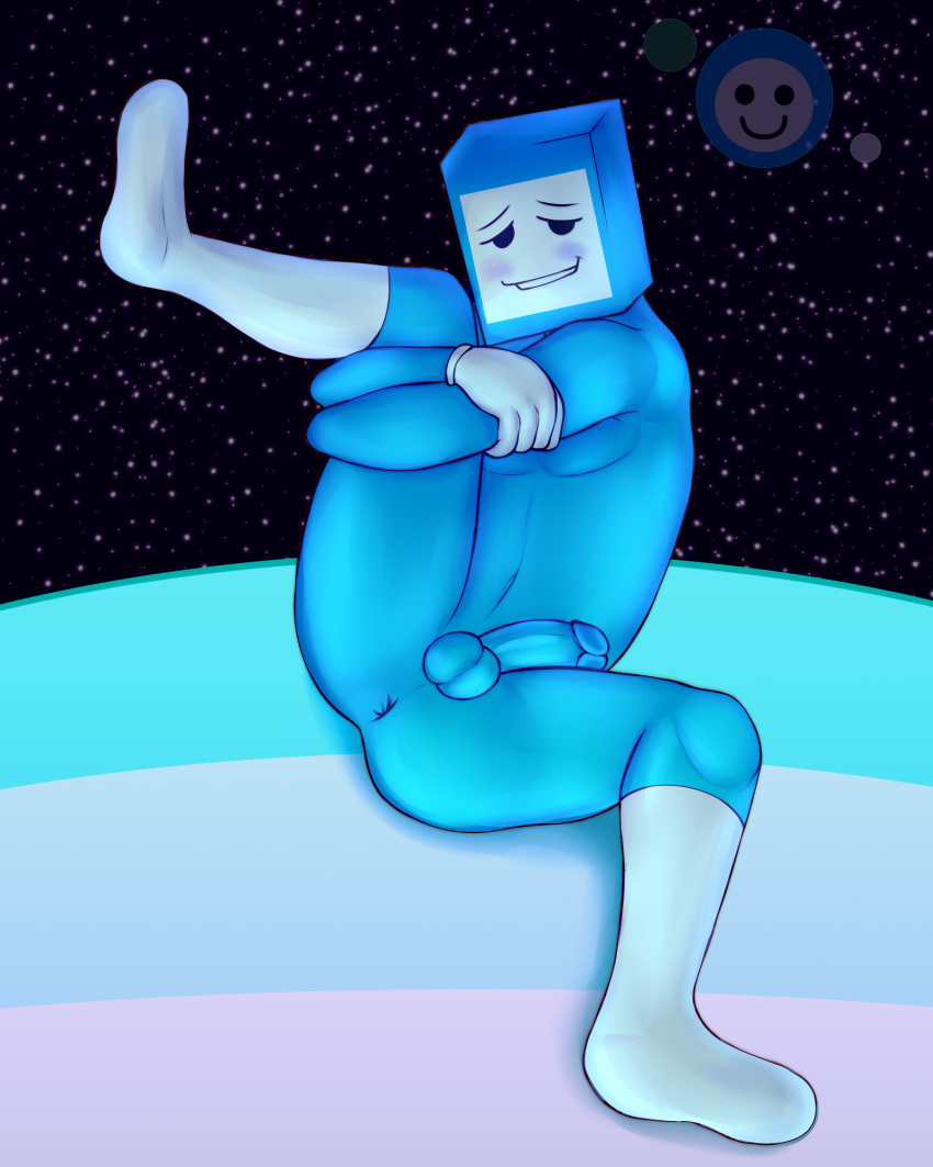 big_balls big_penis blue_skin blush embarrassed embarrassed_nude_male erection flexible gloves holding_leg humanoid humanoid_penis knee_high_socks kneehighs looking_at_viewer male male_only object_head paddler peekleek presenting presenting_anus rhythm_heaven smile solo_male space spread_legs