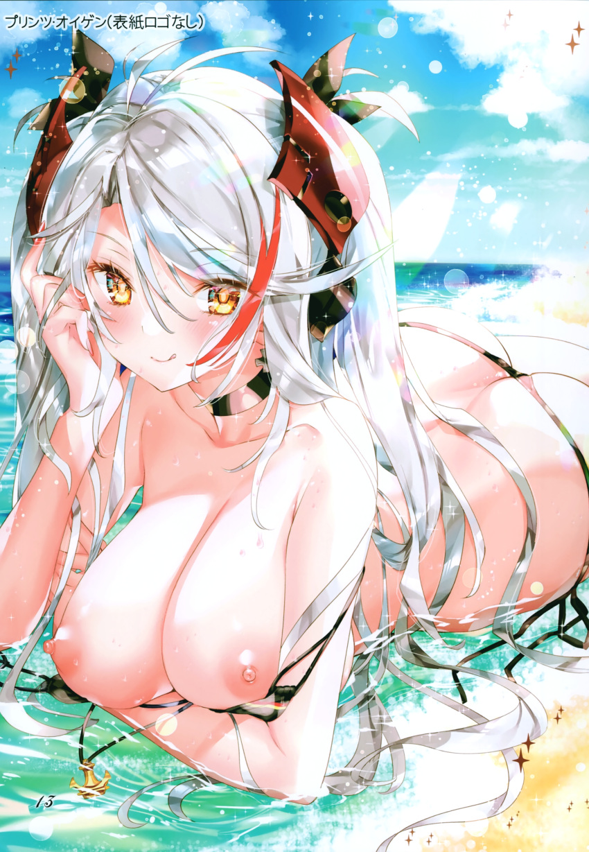 absurdres areolae ass azur_lane bangs bare_shoulders bikini blue_sky blush breasts choker cloud cloudy_sky collarbone day doujinshi eyebrows_visible_through_hair female fingernails hair_ornament hand_on_own_cheek hand_on_own_face highres kamiya_maneki looking_at_viewer lying multicolored_hair nipples ocean on_stomach outdoors page_13 page_number prinz_eugen_(azur_lane) prinz_eugen_(unfading_smile)_(azur_lane) red_hair scan shiny shiny_hair shiny_skin shore silver_hair simple_background sky solo swimsuit thighs water water_drop wet yellow_eyes