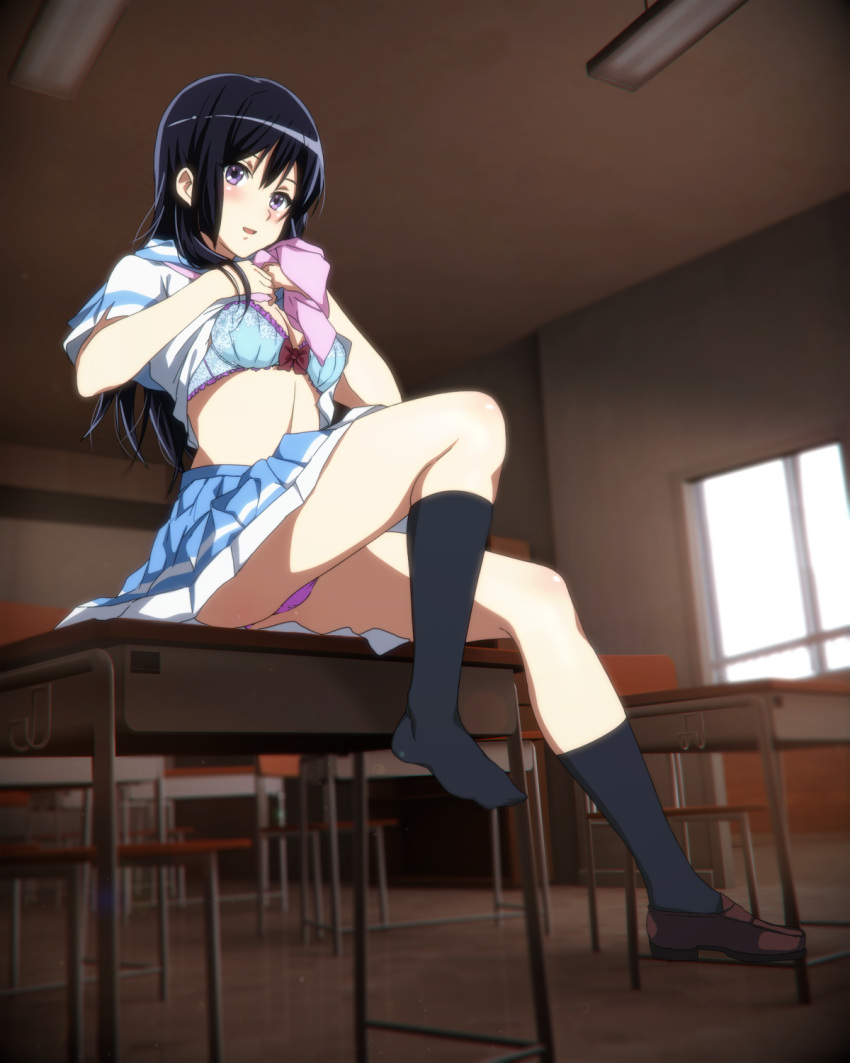 :d black_hair blue_bra blue_skirt blue_underwear blush bow bow_bra bra breasts brown_footwear chair classroom cleavage clothes_pull desk female frilled_bra frilled_underwear frills full_body hibike!_euphonium high_resolution indoors knee_up kousaka_reina lifted_by_self loafers long_hair looking_at_viewer medium_breasts neckerchief no_shoes official_style on_desk on_table open-mouth_smile open_mouth panchira panchira_(sitting) pantsu pink_neckwear pink_panties pleated_skirt purple_eyes red_bow sbel02 school_chair school_desk school_uniform shirt shirt_lift shirt_pull shoes short_sleeves single_shoe sitting skirt slip-on_shoes smile solo table tagme thighs underwear uniform upskirt white_shirt window