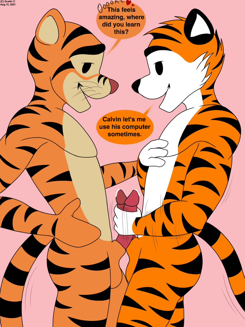 2boys animal_genitalia animal_humanoid animal_penis anthro anthro_on_anthro anthrofied calvin_and_hobbes dustin_c feline feline_humanoid feline_penis frottage gay handjob hobbes jerking jerking_off jerking_off_another jerkingoff jerkingoff_another jerkingoff_together male male/male male_only masturbating masturbating_other masturbation motion_lines penis penis_out speech_bubble straight_hair stuffed_animal text tiger tigger winnie_the_pooh_(franchise) yaoi