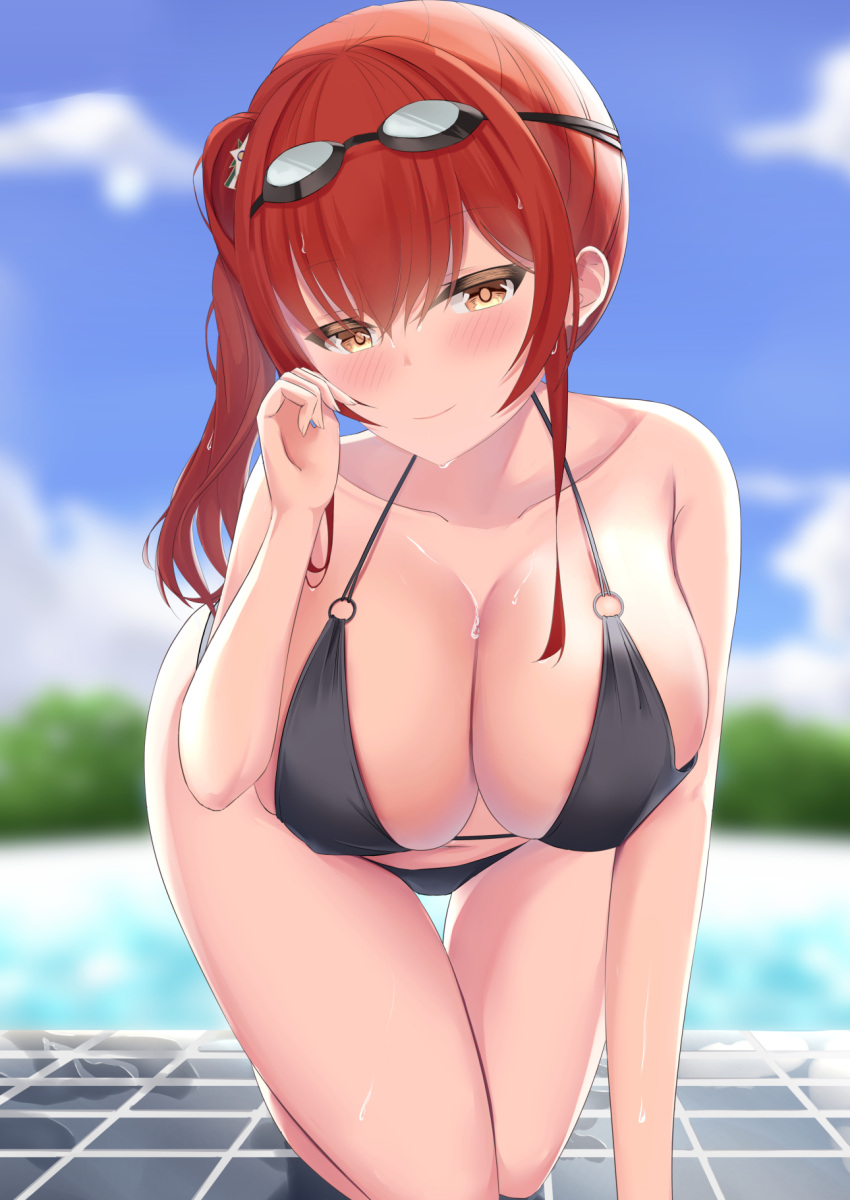 1girls 2019 alternate_costume arm_support azur_lane bangs bare_shoulders bikini black_bikini blue_sky blurry blurry_background blush breasts brown_eyes cleavage closed_mouth cloud collarbone covered_nipples day eyewear_on_head female female_focus female_only goggles goggles_on_head hair_between_eyes hair_ornament half-closed_eyes hand_on_own_cheek hand_on_own_face hand_up hanging_breasts highres kanade_pa kneeling large_breasts long_hair looking_at_viewer navel o-ring o-ring_bikini o-ring_top outdoors red_hair side_ponytail skindentation sky smile solo solo_female solo_focus strap_gap swimsuit thigh_gap thighs tile_floor tiles tree water wet wet_hair wide_hips zara_(azur_lane) zara_(poolside_coincidence)_(azur_lane)