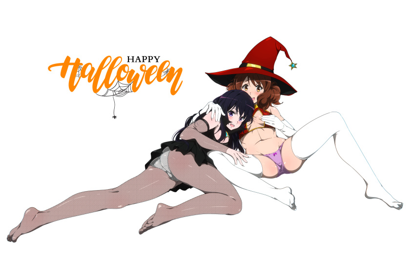 2girls ass black_hair blush brown_eyes brown_hair elbow_gloves feet female fishnet_legwear fishnets gloves halloween hat hibike!_euphonium high_resolution long_hair multiple_girls oumae_kumiko pantsu pantyhose purple_eyes purple_panties purple_underwear sbel02 spread_legs thighhighs toes underwear very_high_resolution witch_hat yuri