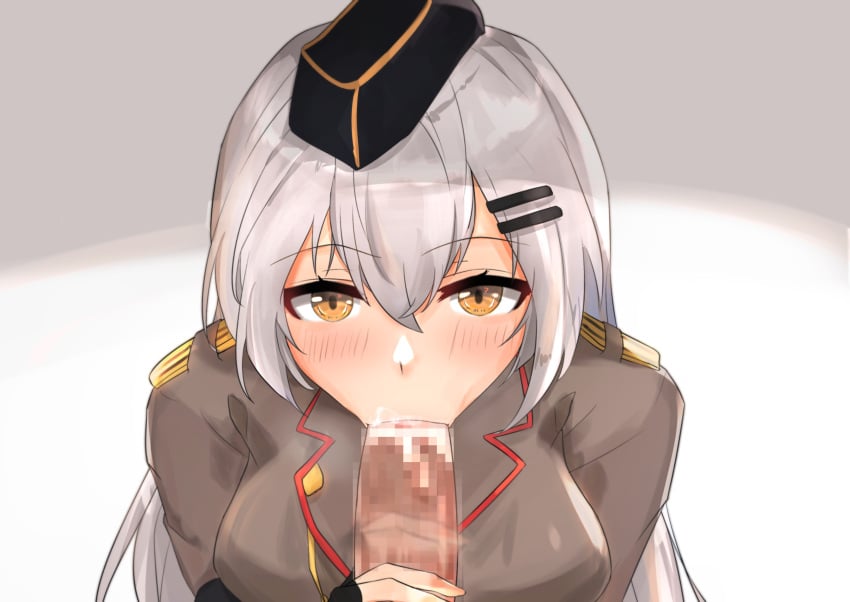 :>= absurdres bar_censor black_headwear blush breasts brown_jacket censored eyebrows_visible_through_hair fellatio female girls'_frontline grey_hair hair_ornament hairclip hat highres jacket light_brown_eyes long_hair looking_at_viewer medium_breasts military_hat muteppona_hito oral penis pov pov_eye_contact sucking svd_(girls_frontline) white_background