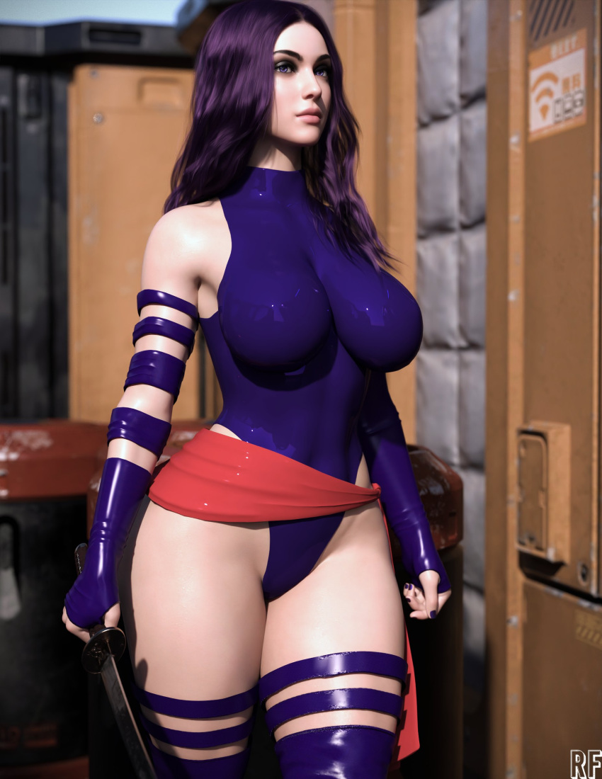 1girls 3d betsy_braddock clothed elizabeth_braddock eyeshadow female female_only katana kwannon large_breasts leotard long_hair marvel marvel_comics nail_polish psylocke purple_eyes purple_hair rude_frog sash shiny_clothes skin_tight solo straight_hair superheroine sword thick_lips thick_thighs voluptuous x-men