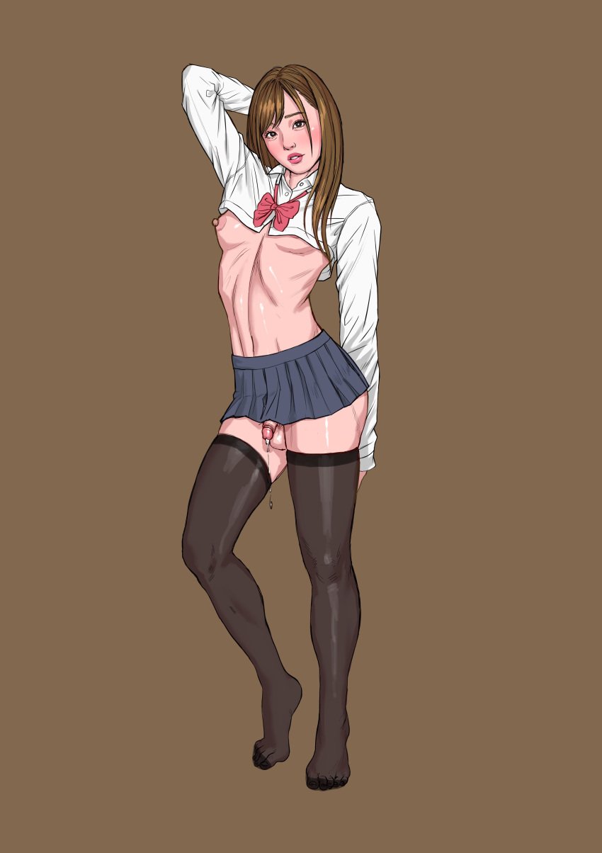 1boy 2019 alternate_version_available arm_up asian black_legwear black_stockings brown_background brown_hair crossdressing eyebrows eyelashes femboy girly legwear long_sleeves looking_at_viewer male male_focus male_only miniskirt nipple nipples no_panties no_shoes original original_character penis precum precum_drip precum_string precum_trail simple_background skirt skirt_up small_penis solo solo_focus solo_male standing stockings thighs tinystone trap