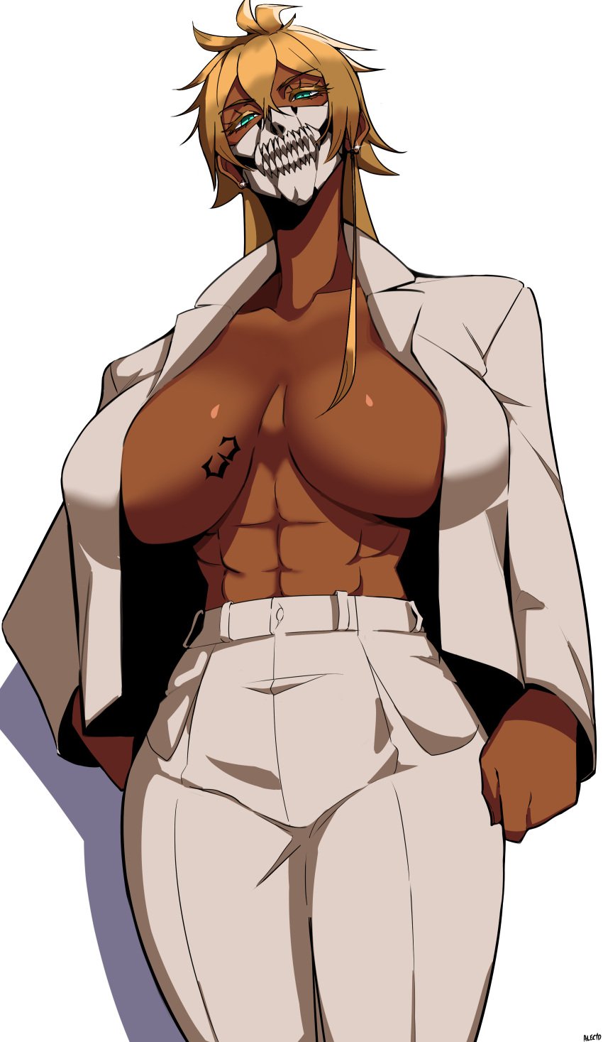 1girls abs absurdres alecto_0 alternate_costume aqua_eyes arrancar bleach blonde_hair breast_tattoo breasts brown_skin clothed clothing cowboy_shot dark-skinned_female dark_skin earrings eyebrows eyebrows_visible_through_hair female female_only hand_on_hip highres huge_breasts jacket jewelry long_hair no_underwear number_tattoo open_clothes open_jacket pants solo solo_focus stud_earrings tattoo tia_harribel white_background white_jacket white_pants