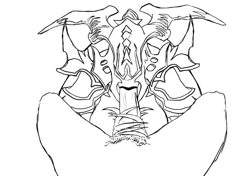 1boy 1boy1girl 1girls :>= armor big_breasts big_penis black_lipstick blowjob blowjob_face breasts demon_girl demon_horns demoness excruciator fantasy female fisherman line_art male raid_shadow_legends sketch smile