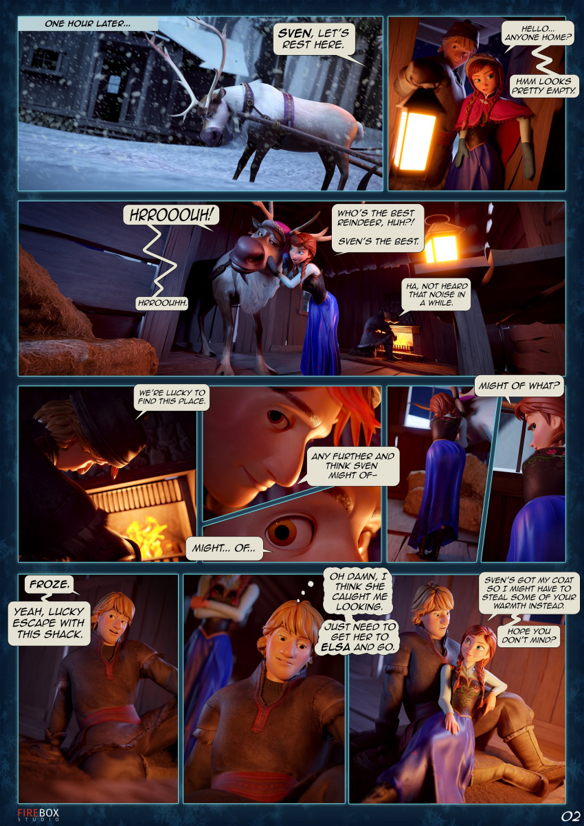 1boy 1girls 3d anna_(frozen) comic disney english_text female fireboxstudio fireplace frozen_(film) hut kristoff_(frozen) male night page_2 shackle snow sven_(frozen) text_bubble warming_up