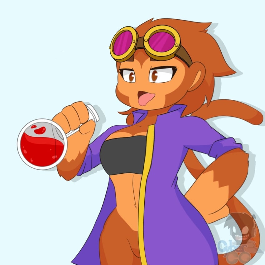 anthro bloons_td_6 bloons_tower_defense brown_body brown_eyes brown_fur brown_hair clothed edit female female_only furless_torso googles holding_object monkey monkey_girl monkey_tail ninja_kiwi no_panties open_clothes open_mouth question red_liquid solo