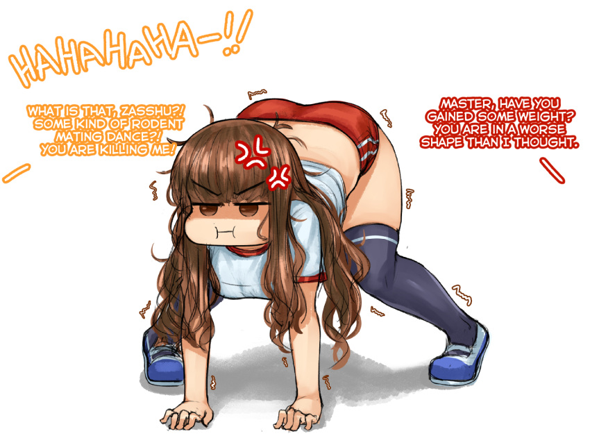 1girls ass big_breasts buruma busty curvy dialogue fate/extra fate/grand_order fate_(series) female gym_shorts gym_uniform hakuno_kishinami highres jack-o_pose kishinami_hakuno_(female) meme round_ass shorts steamingtofu stockings text