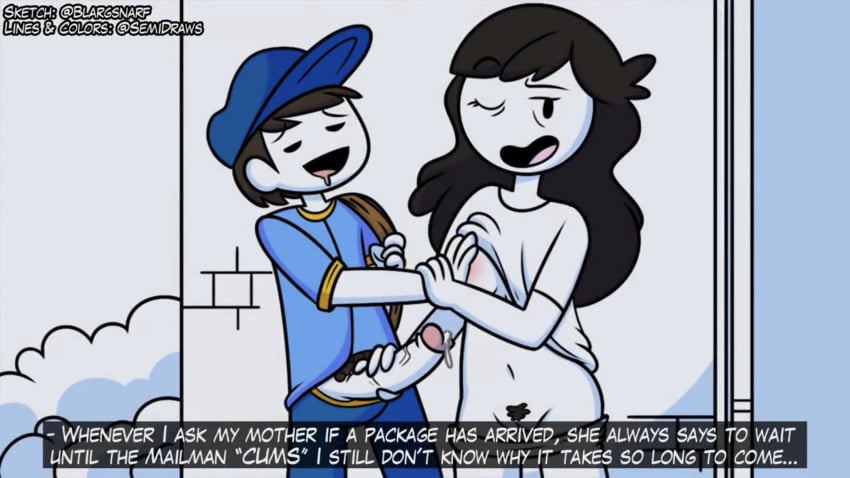 1boy 1girls black_hair blargsnarf bottomless handjob jaiden_animations jaidens_mom mailman outside penis precum public_exposure public_handjob semidraws shirt shirt_lift text wink winking youtube youtuber