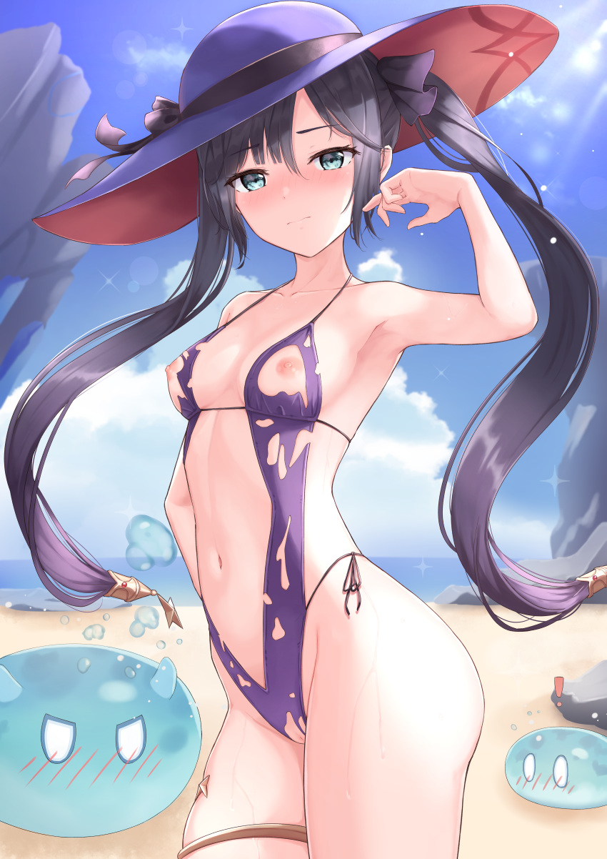 garter genshin_impact marinesnow mona_(genshin_impact) nipples pussy sling_bikini swimsuits torn_clothes