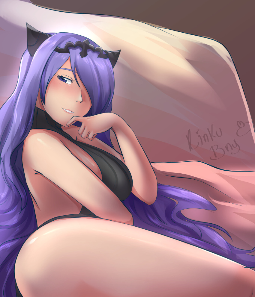 1girls back bare_back bare_legs blue_eyes breasts camilla_(fire_emblem) fire_emblem fire_emblem_fates hair_over_one_eye horns large_breasts long_hair nintendo on_bed pillow purple_eyes purple_hair rinku_bny smile solo sweater thick_thighs very_long_hair virgin_killer_sweater