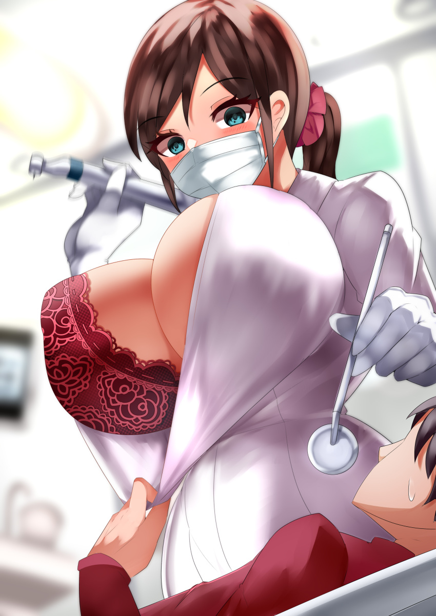 1girls blue_eyes bra brown_hair cleavage dentist doctor empty_eyes exposed_breasts face_mask from_below huge_breasts looking_down medium_hair open_clothes original ponytail short_hair solo_focus tea_texiamato teal_eyes textless