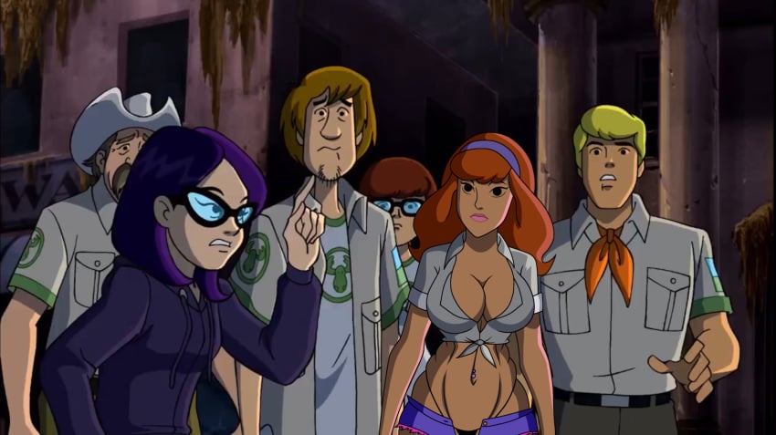 booty_shorts breasts camp_scare cleavage daphne_blake fred_jones g-string hanna-barbera knotted_shirt micro_shorts scooby-doo scooby-doo!_camp_scare screenshot_edit shaggy_rogers ts08 velma_dinkley