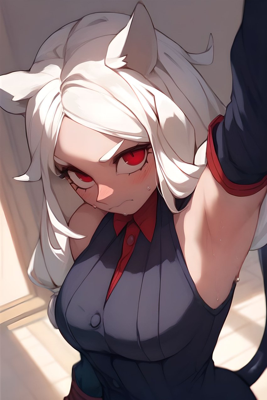 1girls ai_generated armpits arms_up cerberus_(helltaker) clothing demon demon_girl detached_sleeves dog_ears dog_girl female female_only helltaker long_hair red_eyes solo white_hair