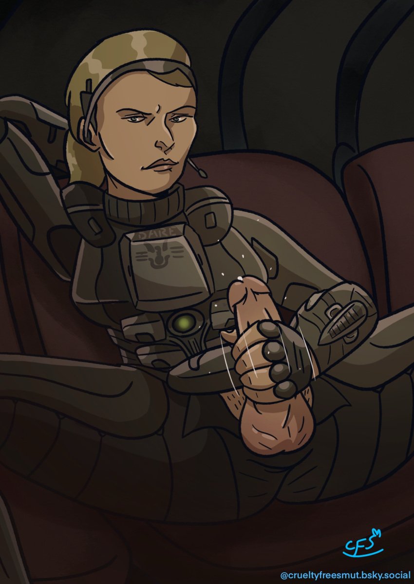 1futa armor balls blonde_hair clothed crueltyfreesmut futa_only futanari halo_(series) halo_3_odst headset looking_at_viewer masturbation penis_out ponytail precum smile stroking_penis tagme veronica_dare wet_penis