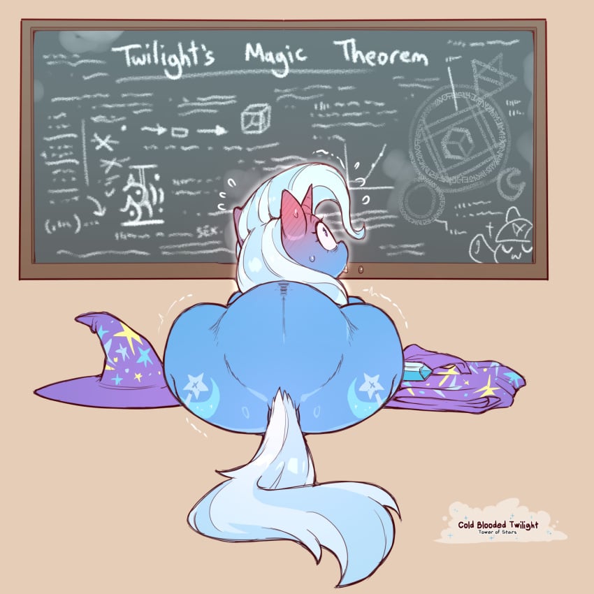 1:1 anus artist_name barely_visible_anus blue_body blue_hair blue_tail blush bodily_fluids chalkboard clothing cold-blooded-twilight cutie_mark dialogue english_text equid equine female feral friendship_is_magic hair hasbro hat headgear headwear hi_res horn long_hair mammal motion_lines my_little_pony mythological_creature mythological_equine mythology robe solo sweat tail text trixie_(mlp) unicorn unicorn_horn witch_hat