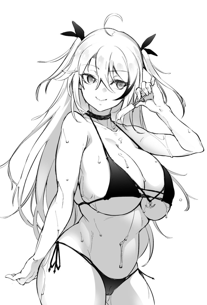 1girls ahoge azur_lane bangs bare_shoulders bikini black_bikini black_choker black_ribbon breasts choker cleavage closed_mouth collarbone eyebrows_visible_through_hair food greyscale hair_between_eyes hair_ribbon highres huge_breasts long_hair looking_away monochrome multicolored_hair navel popsicle prinz_eugen_(azur_lane) prinz_eugen_(unfading_smile)_(azur_lane) ribbon shingo. side-tie_bikini simple_background smile solo streaked_hair swimsuit thighs two_side_up underboob very_long_hair wet white_background