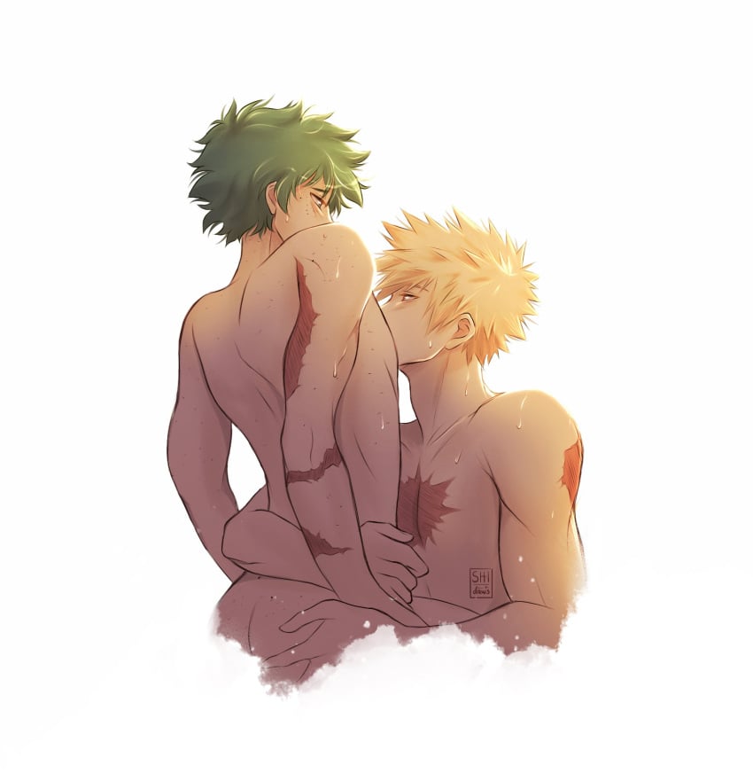 2boys ass back bakugou_katsuki boku_no_hero_academia bones_(company) curly_hair freckles freckles_on_body green_hair izuku_midoriya katsuki_bakugou male messy_hair midoriya_izuku my_hero_academia nude ohshidraws scar scar_on_arm scar_on_chest sex shounen_jump spiked_hair yaoi