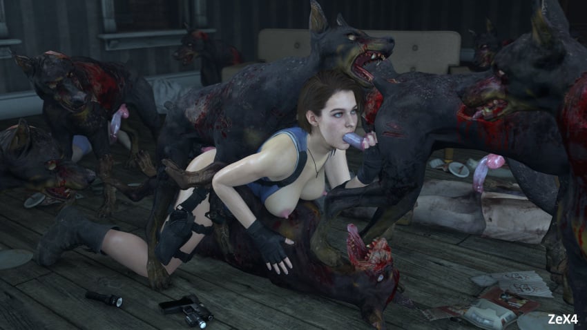 1girls 3d 3d_(artwork) areolae blue_eyes breasts brown_hair canine capcom cerberus_(resident_evil) dog doggy_style double_penetration erect_nipples fellatio female gangbang jill_valentine jill_valentine_(sasha_zotova) light-skinned_female monster multiple_boys nipples oral oral_sex resident_evil resident_evil_3 resident_evil_3_remake short_hair zex4 zombie zombie_dog zoophilia