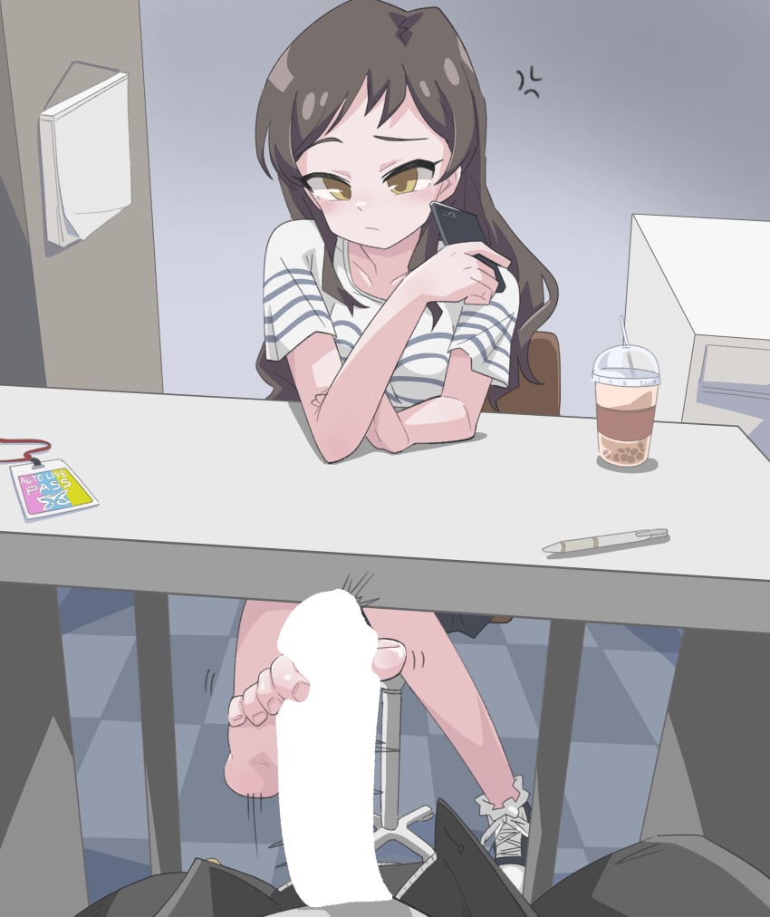1boy absurdres anger_vein blank_censor brown_eyes brown_hair cellphone censored chair closed_mouth drink erection feet female footjob highres holding holding_phone idolmaster idolmaster_million_live! indoors kitazawa_shiho long_hair looking_down male ohgi910 on_chair pen penis phone pov pov_crotch shirt shoes short_sleeves single_bare_foot single_shoe sitting smartphone straight striped_clothes striped_shirt table toenails toes