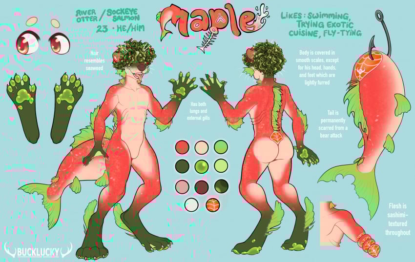 anthro artist_name blue_background bucklucky english_text featureless_crotch fish front_view gore green_body green_hair green_pawpads hair hair_over_eyes hi_res male mammal marine model_sheet mustelid nude open_mouth otter pawpads pink_body rear_view red_body salmon salmonid_(fish) simple_background solo standing text tongue tongue_out whiskers