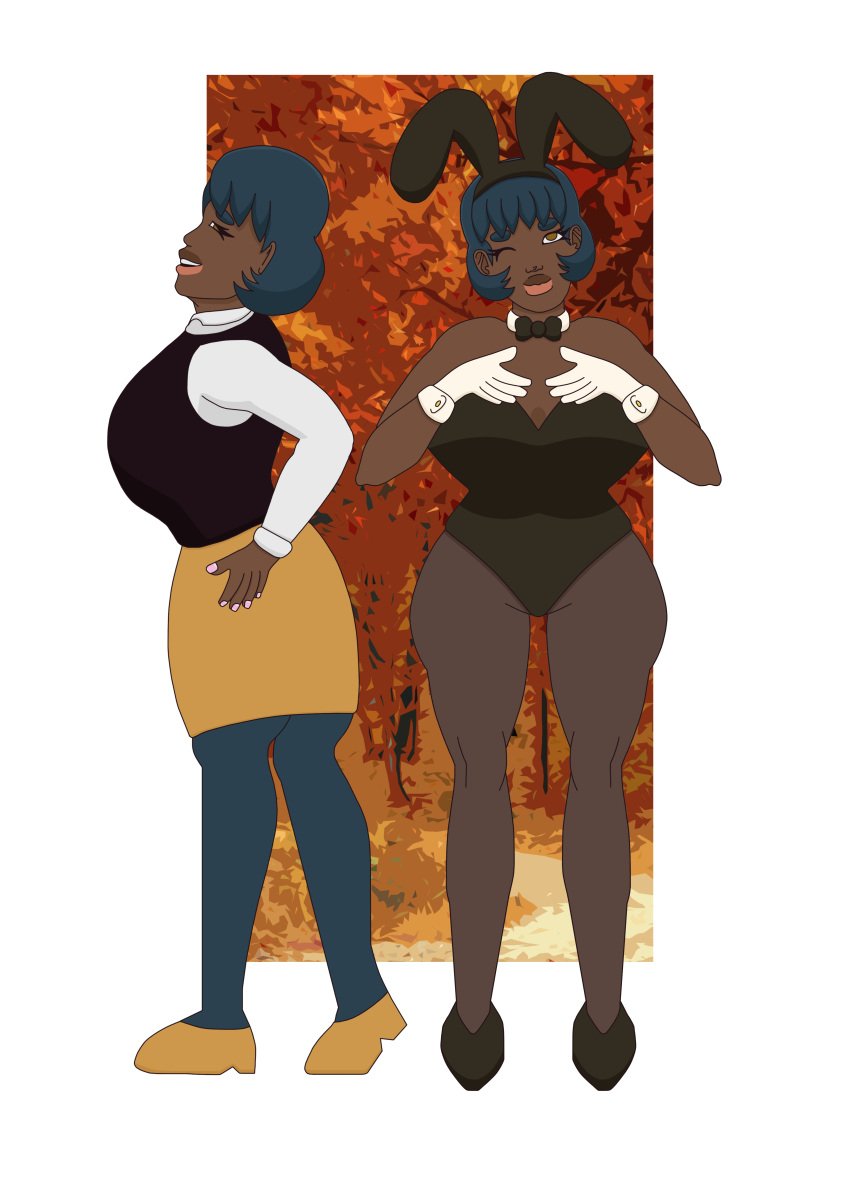 1_girl big_breasts big_breasts blue_hair bunny_ears bunny_girl bunnysuit dark-skinned_female dark_skin ebony female female_only full_color fully_clothed gloves hands_on_hips huge_breasts large_breasts looking_at_viewer nasty_byte no_sex one_girl original_character short_hair shortstack side_eye skirt wink winking_at_viewer